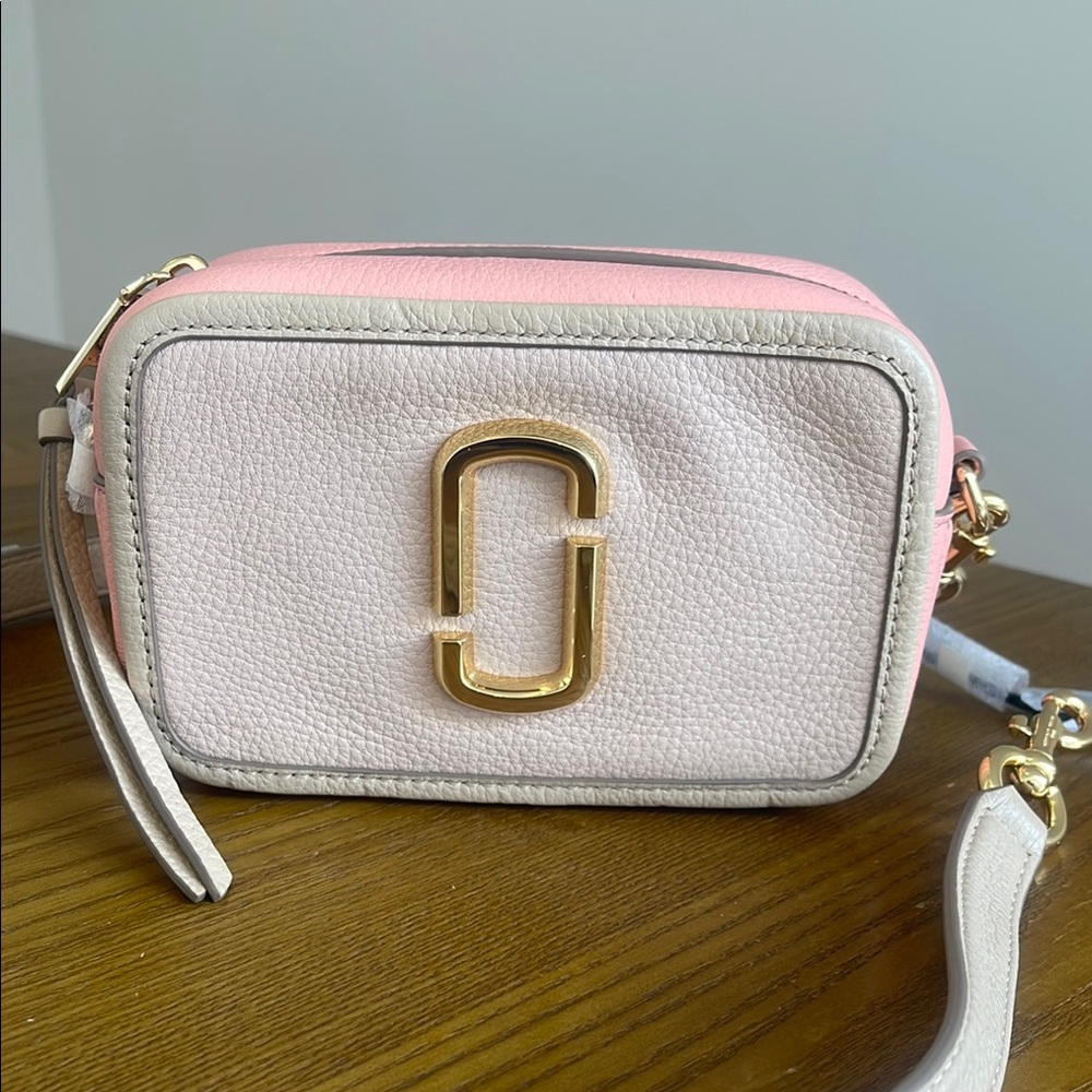 Marc Jacobs Cream and Pink Camera Crossbody Bag with Gold Logo